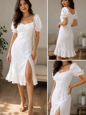 Square Neck White Midi Dress with Puff Sleeves and Side Slit